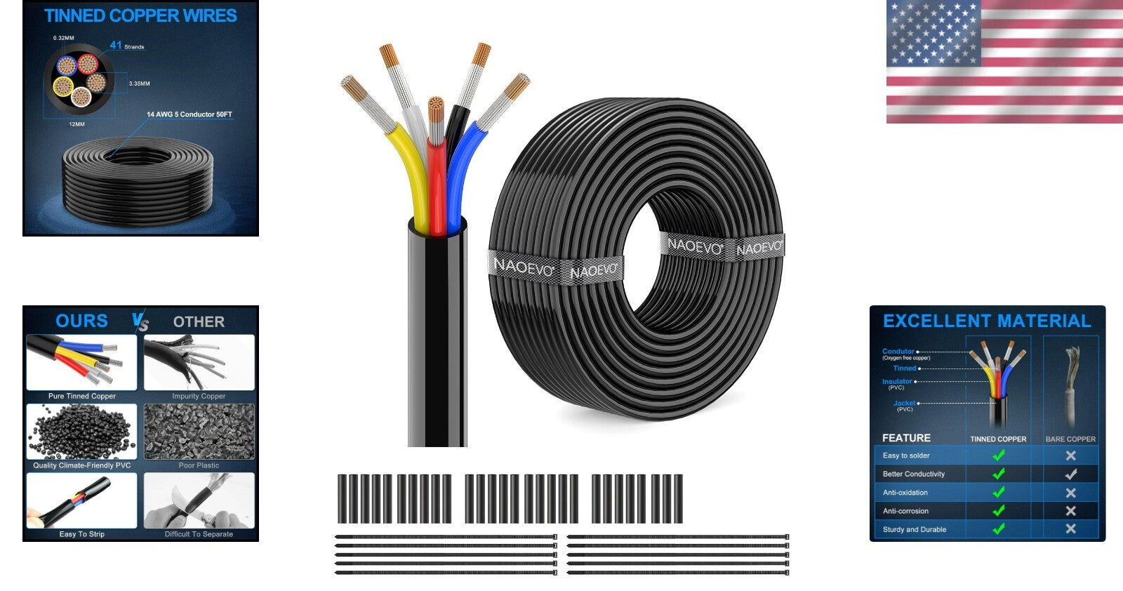 Durable 14 AWG Marine and Automotive Electrical Wire - 50FT Stranded Cord