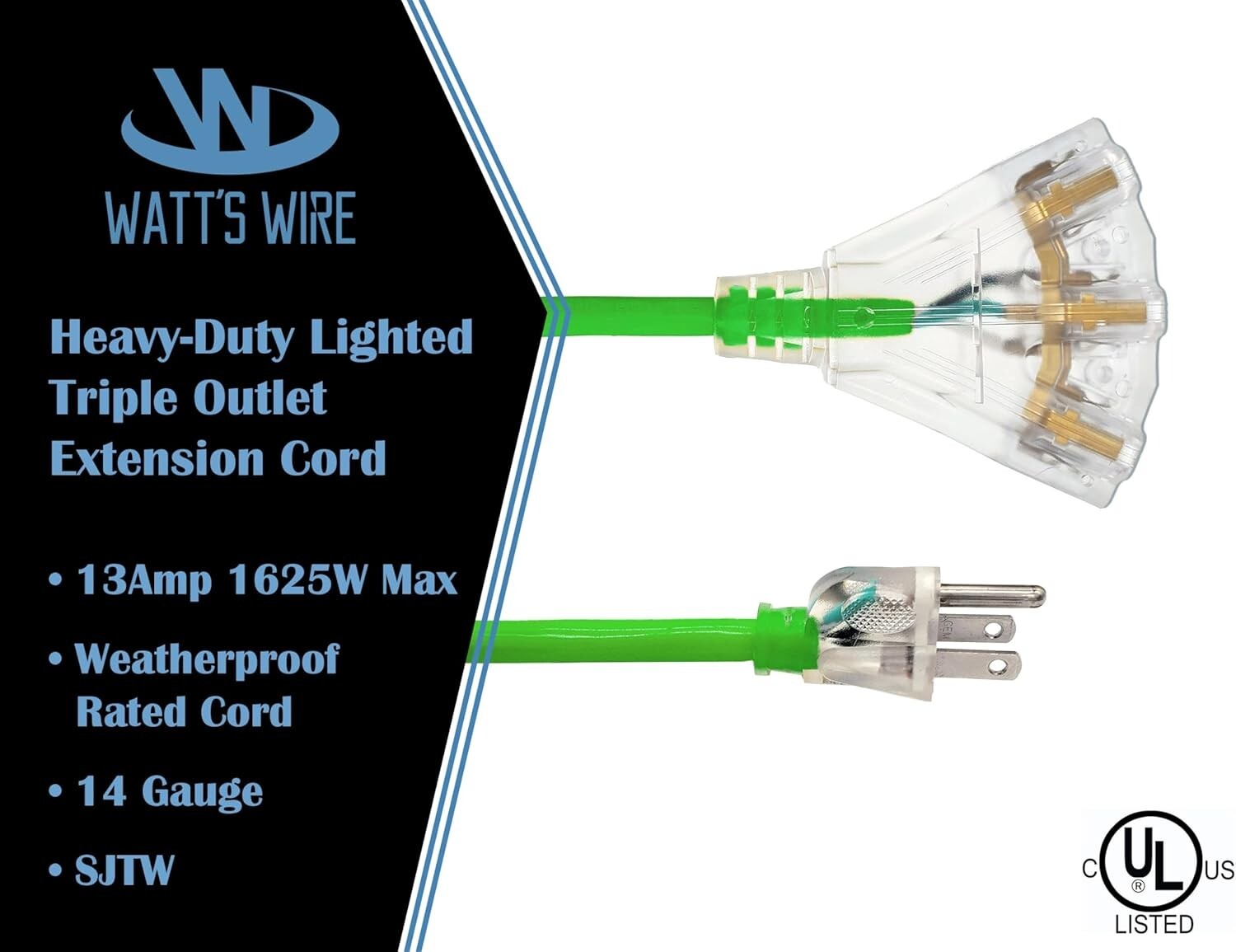 100 Ft 14-Gauge Heavy Duty Extension Cord with 3 Lighted Outlets for Outdoor Use
