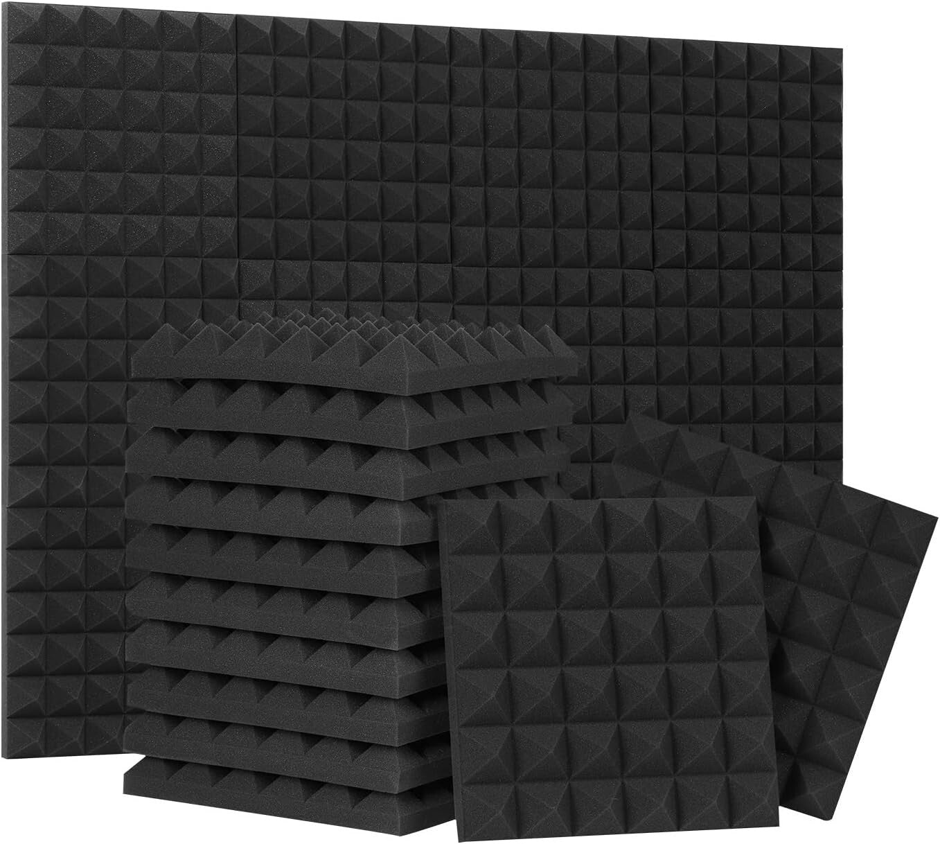 High Density 12x12x2 Acoustic Foam Pyramid Panels - 24 Pack with Easy Install