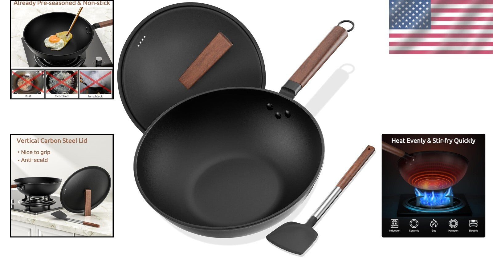 High-Temperature Carbon Steel Wok, 13-Inch with Vertical Lid & Non-Stick Spatula