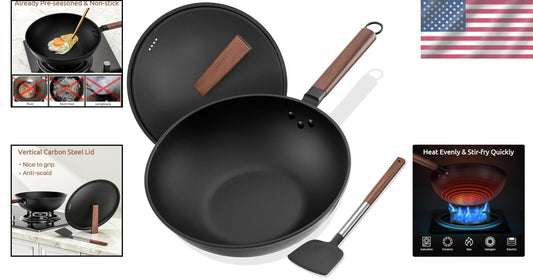 High-Temperature Carbon Steel Wok, 13-Inch with Vertical Lid & Non-Stick Spatula