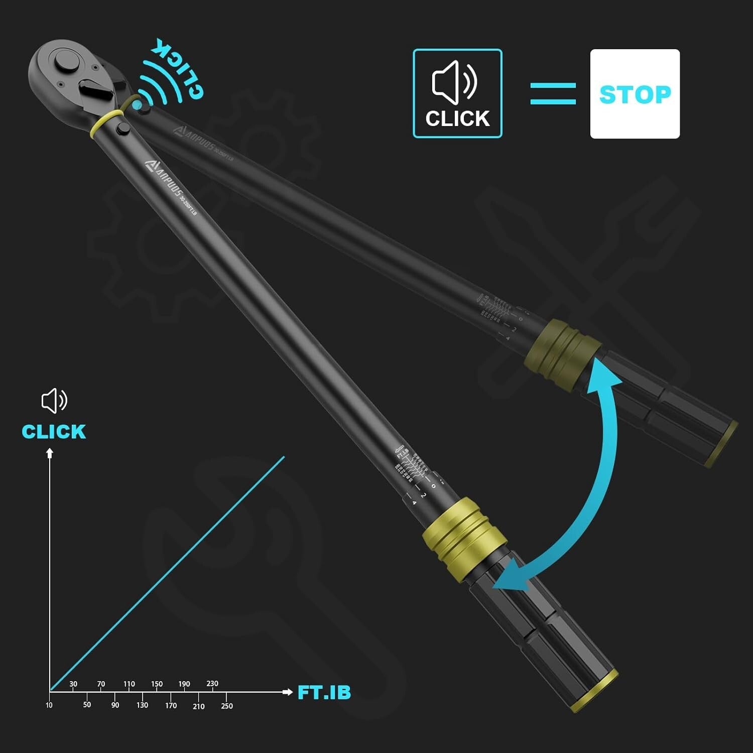 Durable Dual-Direction Torque Wrench, 30-250 Ft-Lb Range, Chrome Vanadium Steel