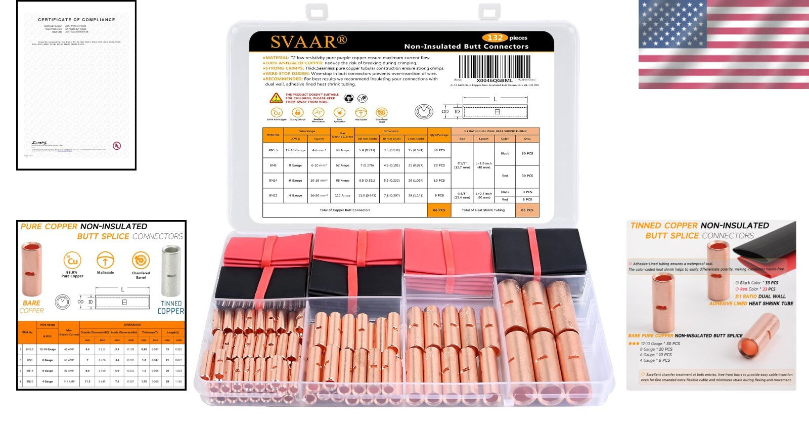 Versatile 132 PCS Non-Insulated Butt Splice Connectors - Crimp & Solder Options