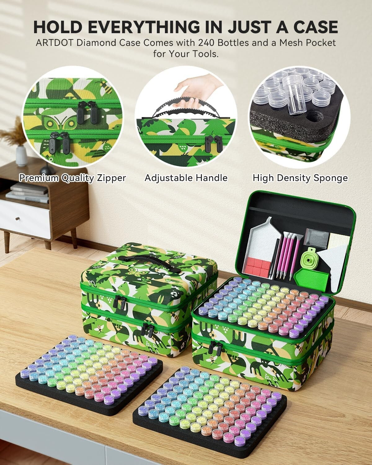 Elegant Green Diamond Painting Storage with 240 Jars - Zipper Closure for Safety