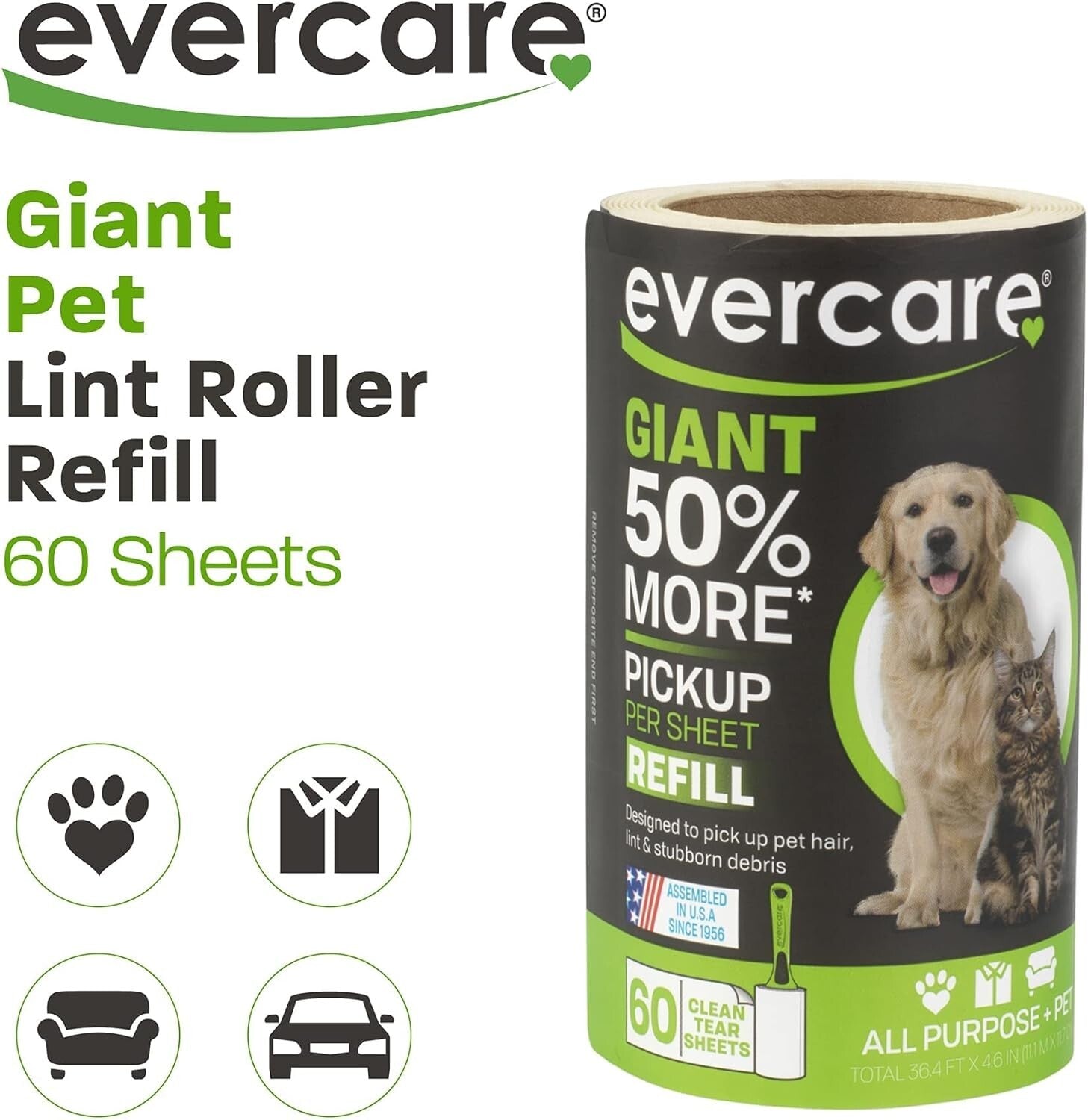 Eco-Friendly Giant Pet Roller 6-Pack REFILLS in Dark Green - Easy Hair Removal