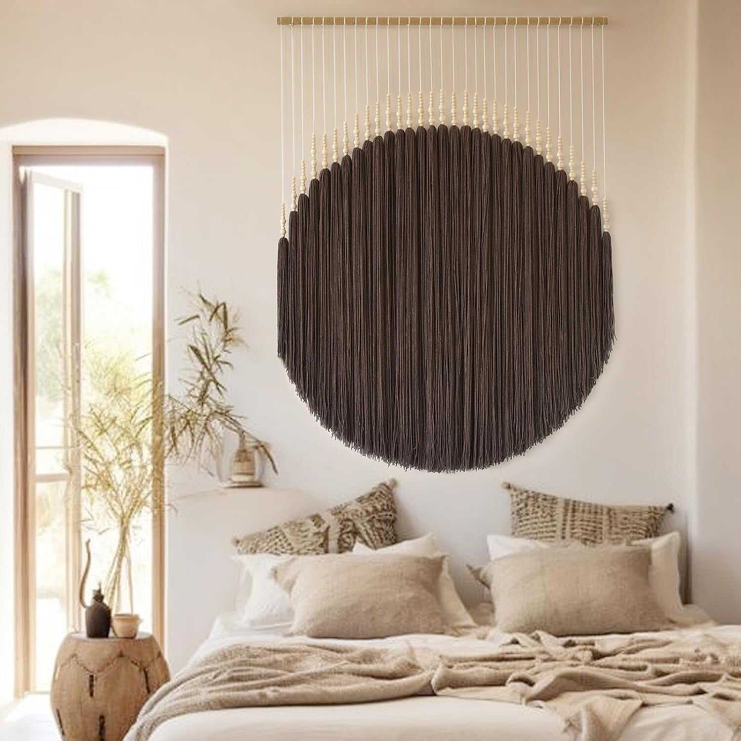 Exquisite Brown Macrame Tapestry with Beaded Detail - Art for Every Space
