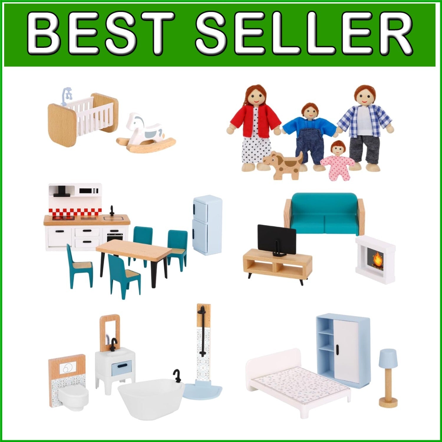 Complete Dollhouse Accessories with Family and Dog - Imaginative Play Set