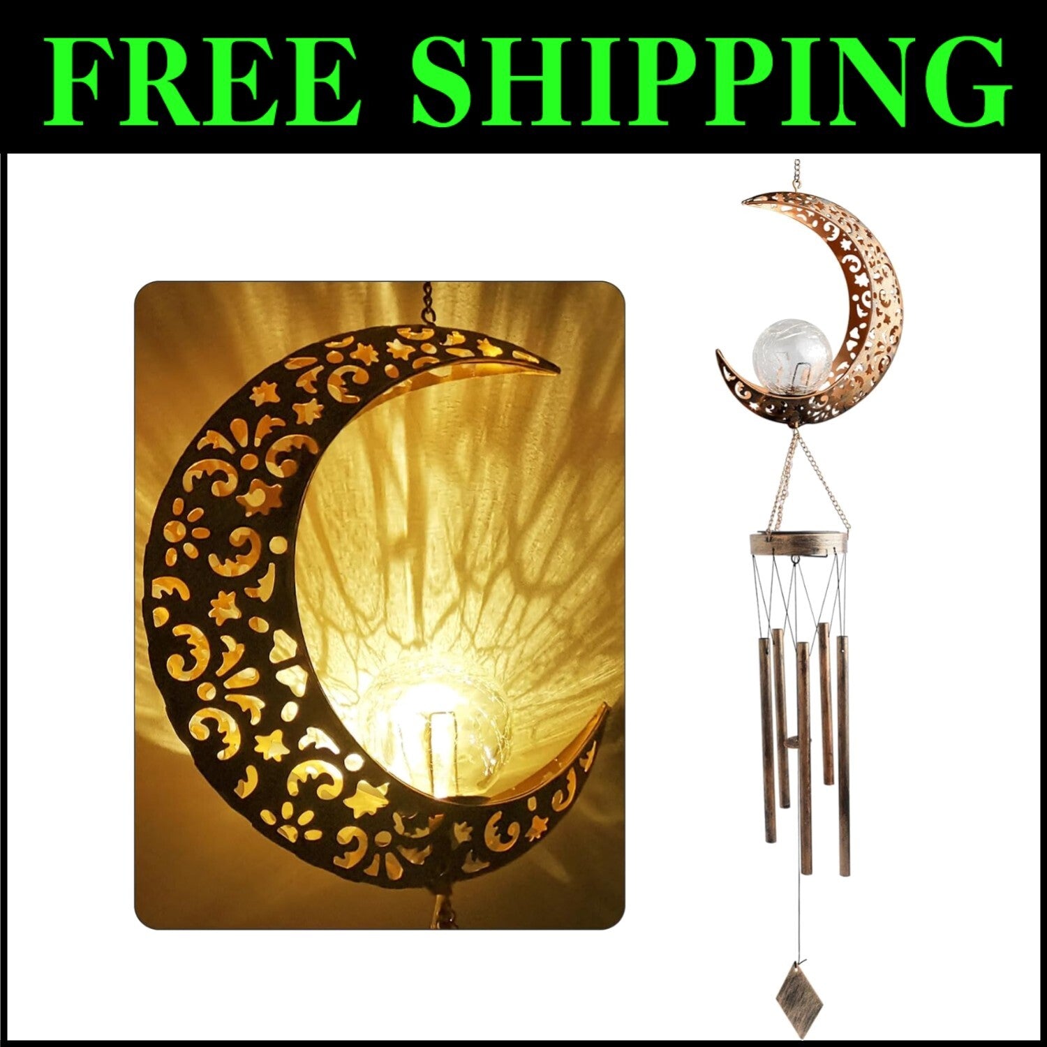 Crystal-Embellished Moon Wind Chimes - Solar Outdoor Decor for All Occasions