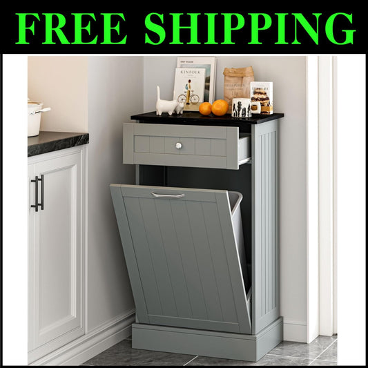 Elegant 10-Gallon Freestanding Wood Recycling Storage & Trash Cabinet in Gray