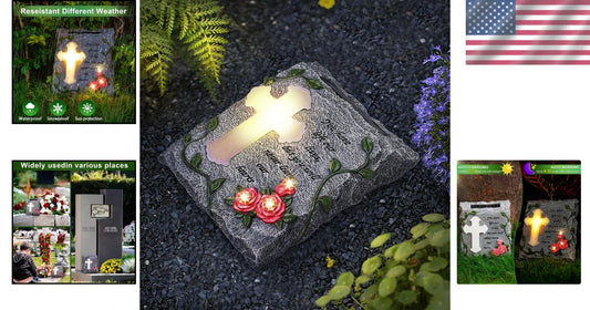 Elegant Solar-Powered Memorial Stepping Stone with Cross and Floral Carvings