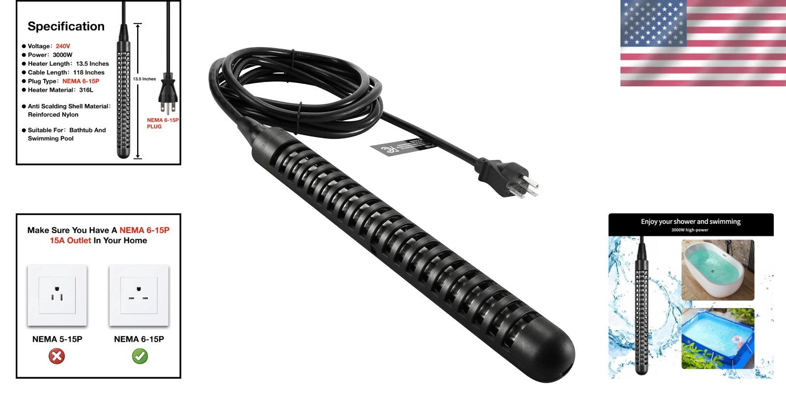 Fast Heating 3000W Portable Heater with Anti-Scald Design for Pools & Baths