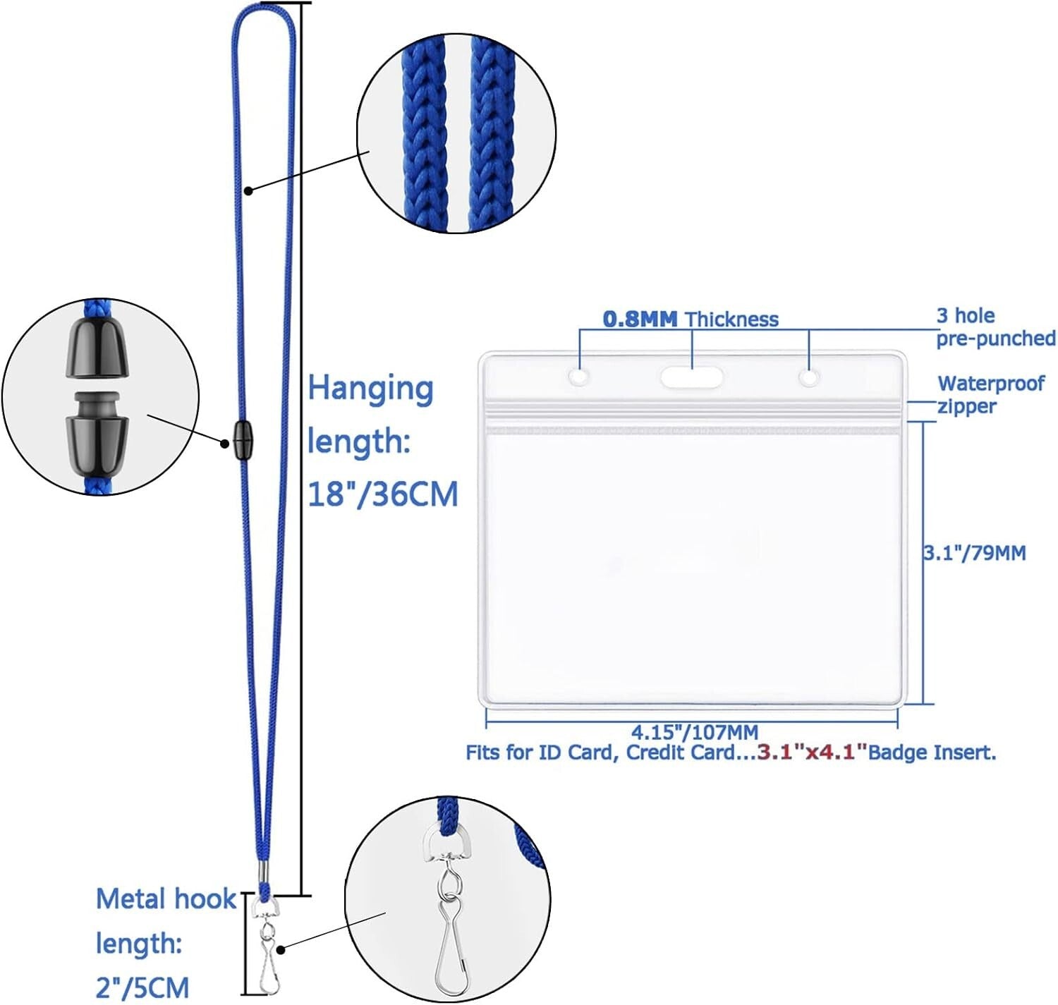Durable 100 Pack Horizontal ID Badge Holders with Comfort Lanyards - Breakaway