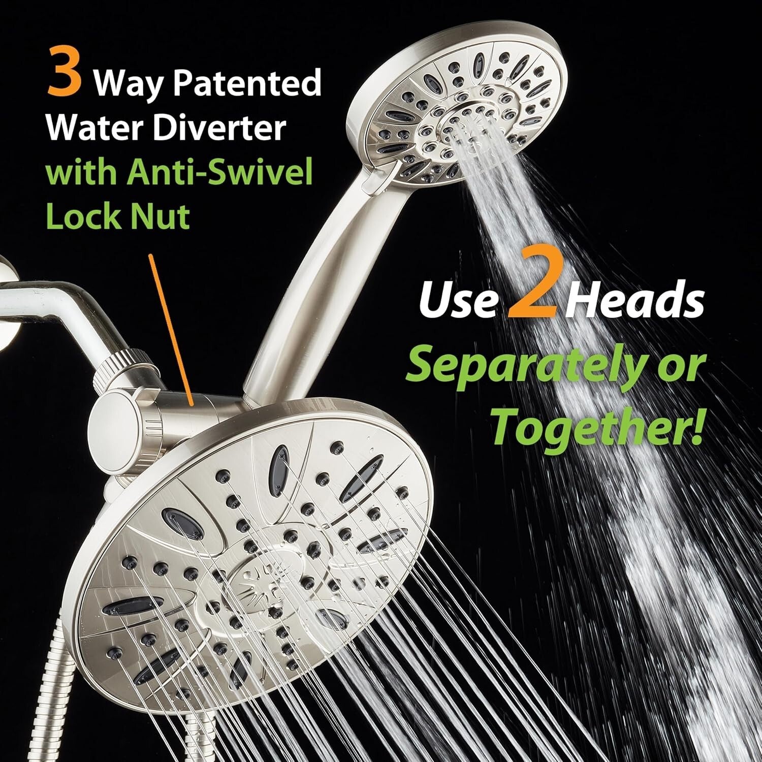 Elegant Satin Nickel 3-Way Rainfall Shower with Handheld Option & 6 Settings