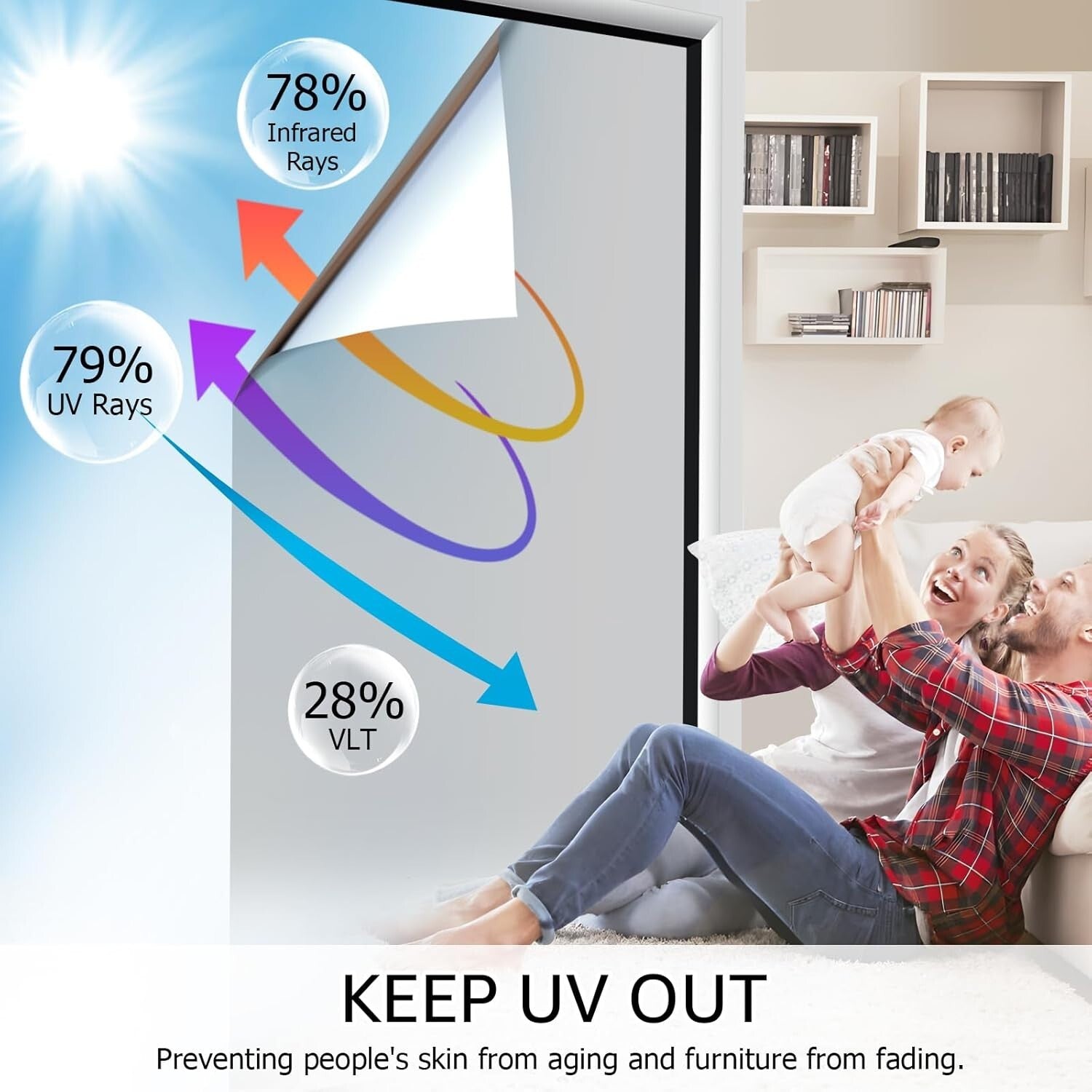 Elegant One Way Privacy Window Film - UV Blocking Silver Tint, 35.4 x 393.7 Inch