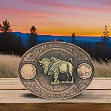 Load image into Gallery viewer, Montana-Made Gunmetal Cowboy Belt Buckle with Copper Buffalo Design