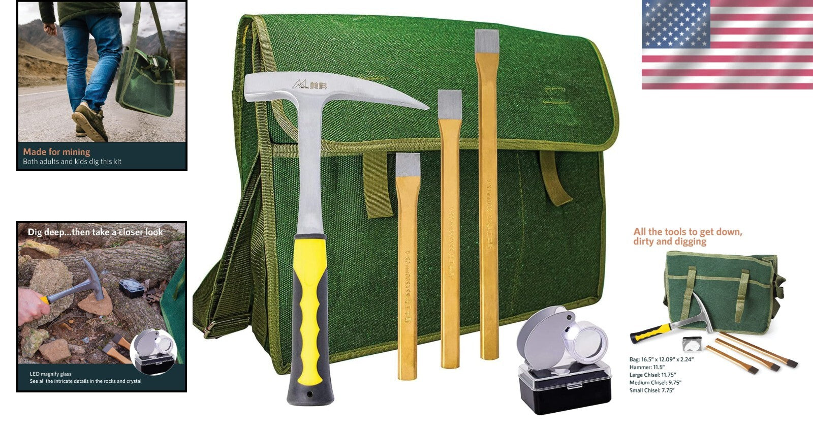 Ergonomic Rock Hammer and Chisel Kit in Tough Musette Bag - Ideal for Beginners