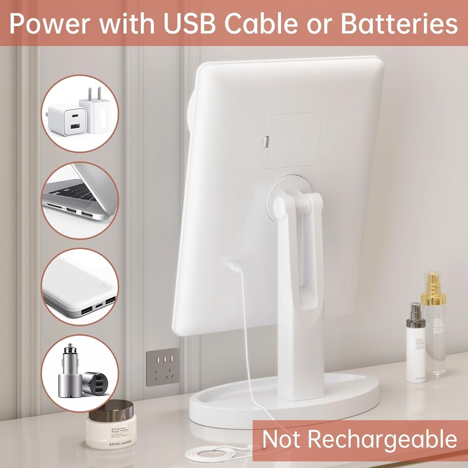 Large Lighted Vanity Makeup Mirror 10X Magnification with 360-Degree Rotation