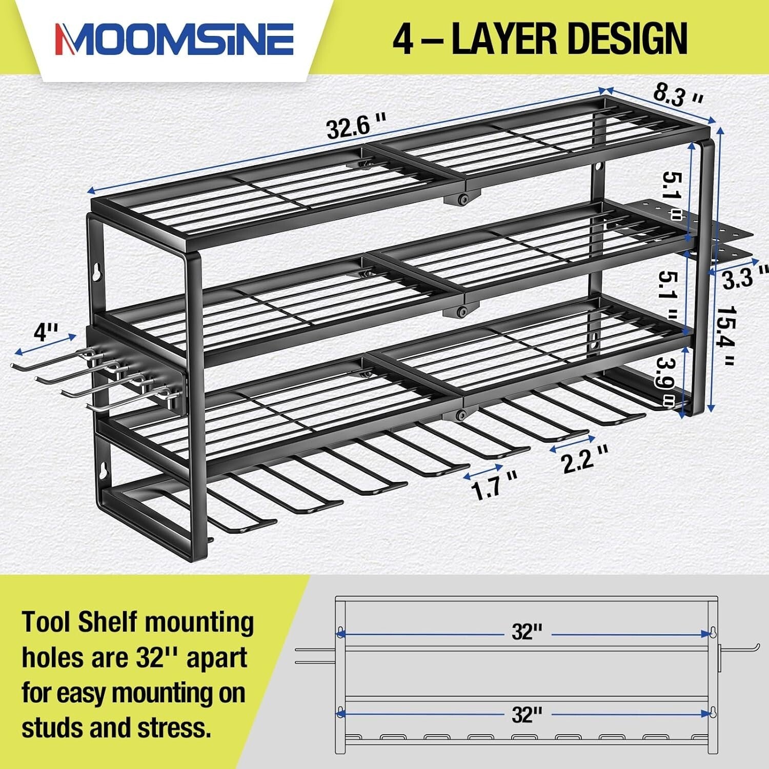 32-Inch Wall-Mounted Power Tool Organizer with Charging Station and 8 Slots