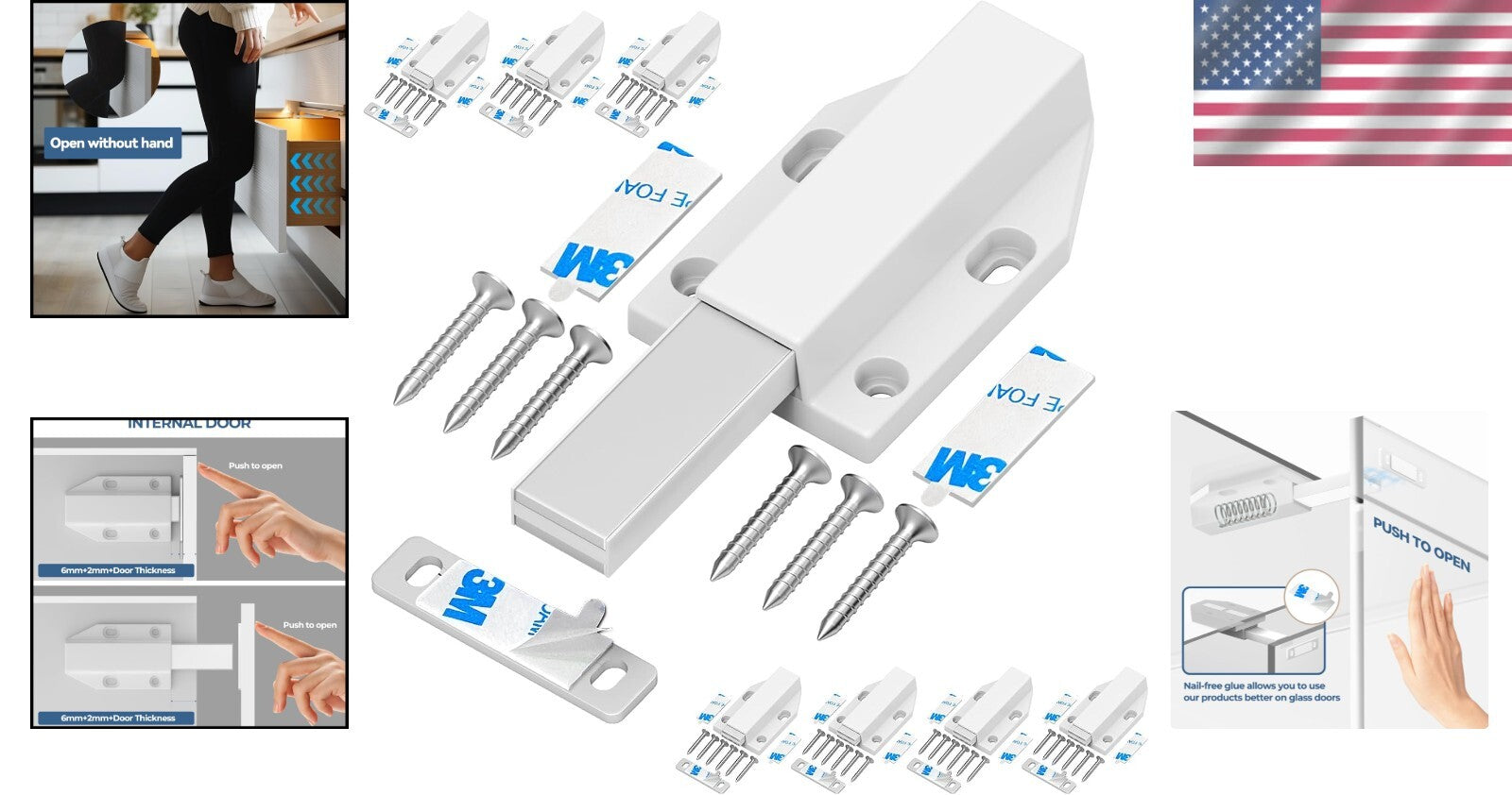 8-Pack Heavy-Duty Magnetic Push Latches - Nail-Free Installation for Clean Look