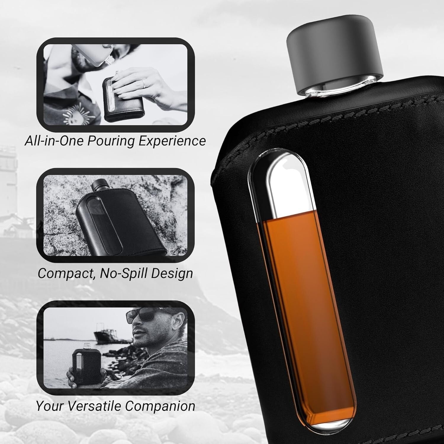 Modern Leather Covered Glass Hip Flask for Whiskey - Double Shot 240ml