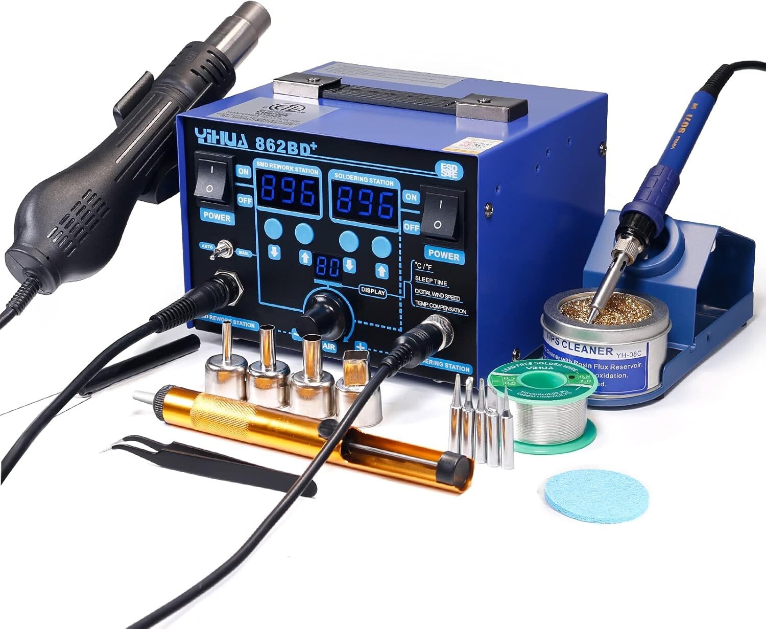 Professional Soldering Iron & Hot Air Rework Station - LED Display & Accessories