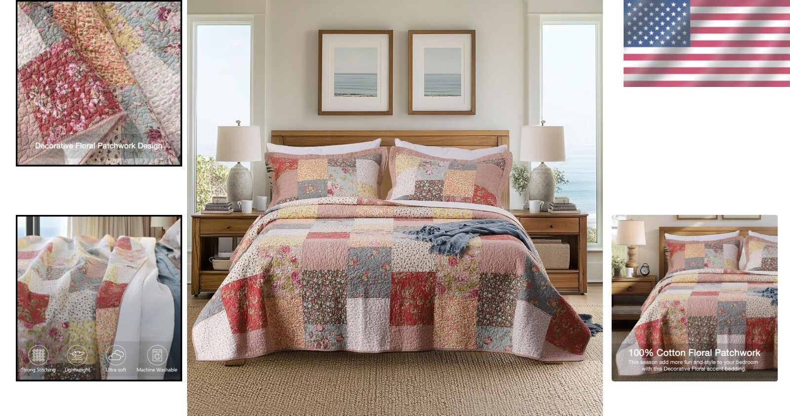 Machine Washable 100% Cotton King Quilt – Luxury Boho Floral Design 110x96"