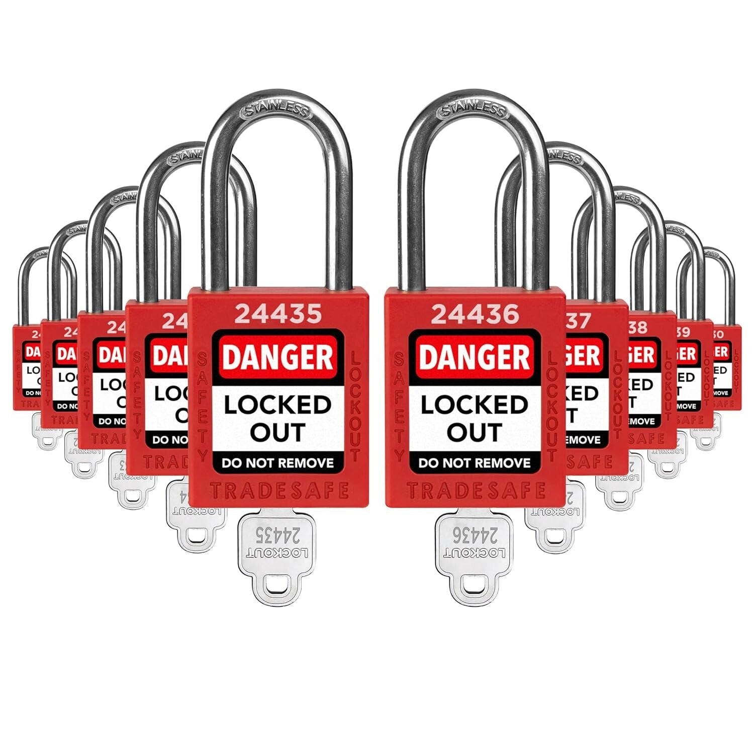Durable 10-Piece Red Lockout Padlock Set - Keyed Different & Corrosion Resistant