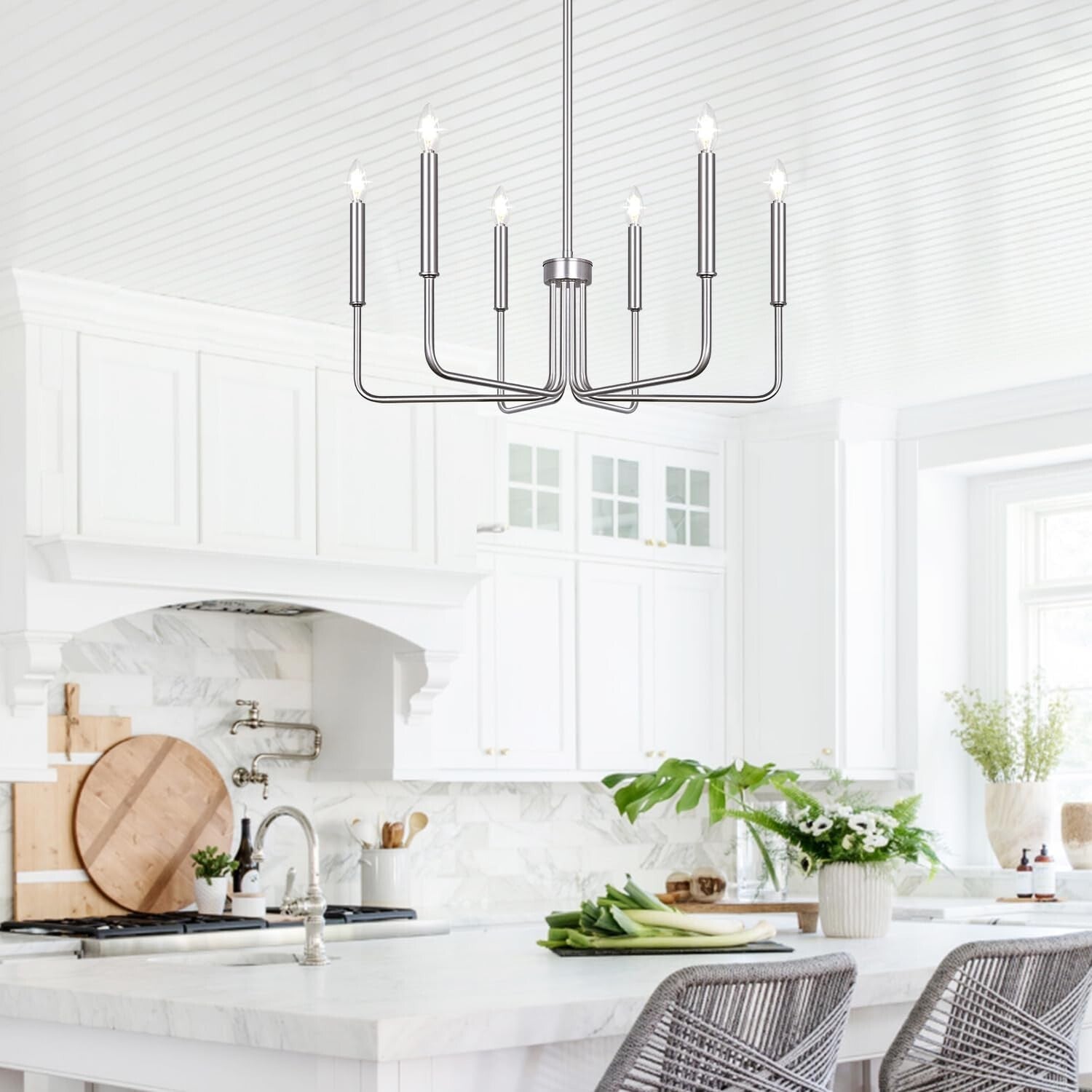 Adjustable Height 6-Light Brushed Nickel Chandelier - Modern Farmhouse Style