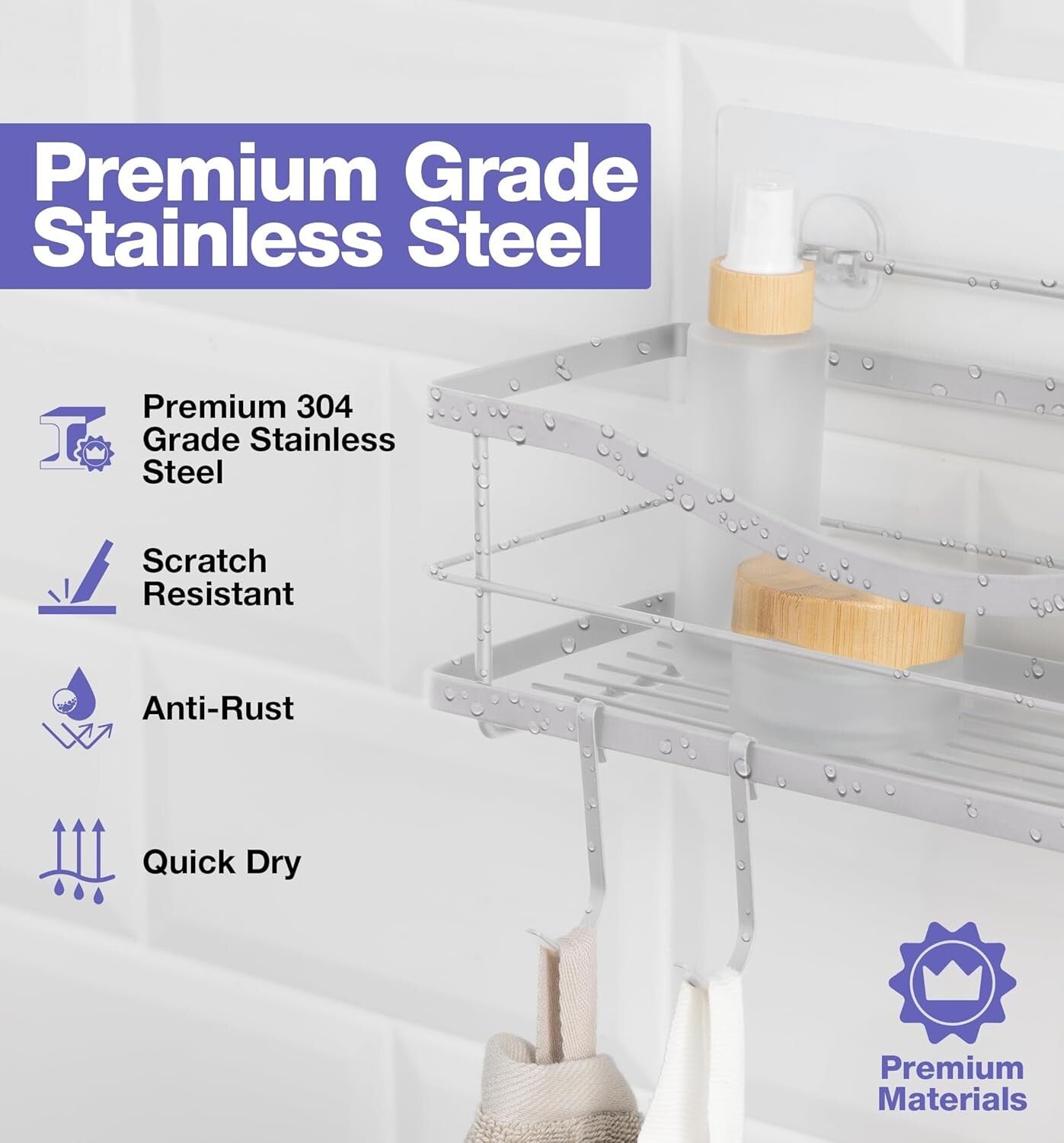 304 Rustproof Shower Caddy & Soap Holder - Adhesive Wall Mount Double Baskets