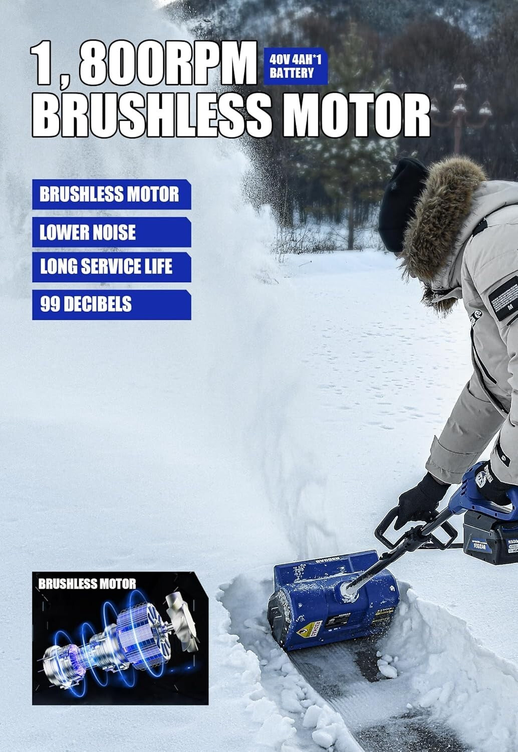 40V Electric Snow Shovel with 15" Width - Lightweight & Powerful for Heavy Snow