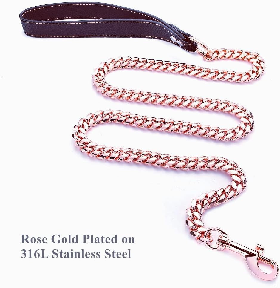 Rose Gold Chew Proof Dog Leash - Stylish 14MM Cuban Link - 3FT/4FT/5FT Options