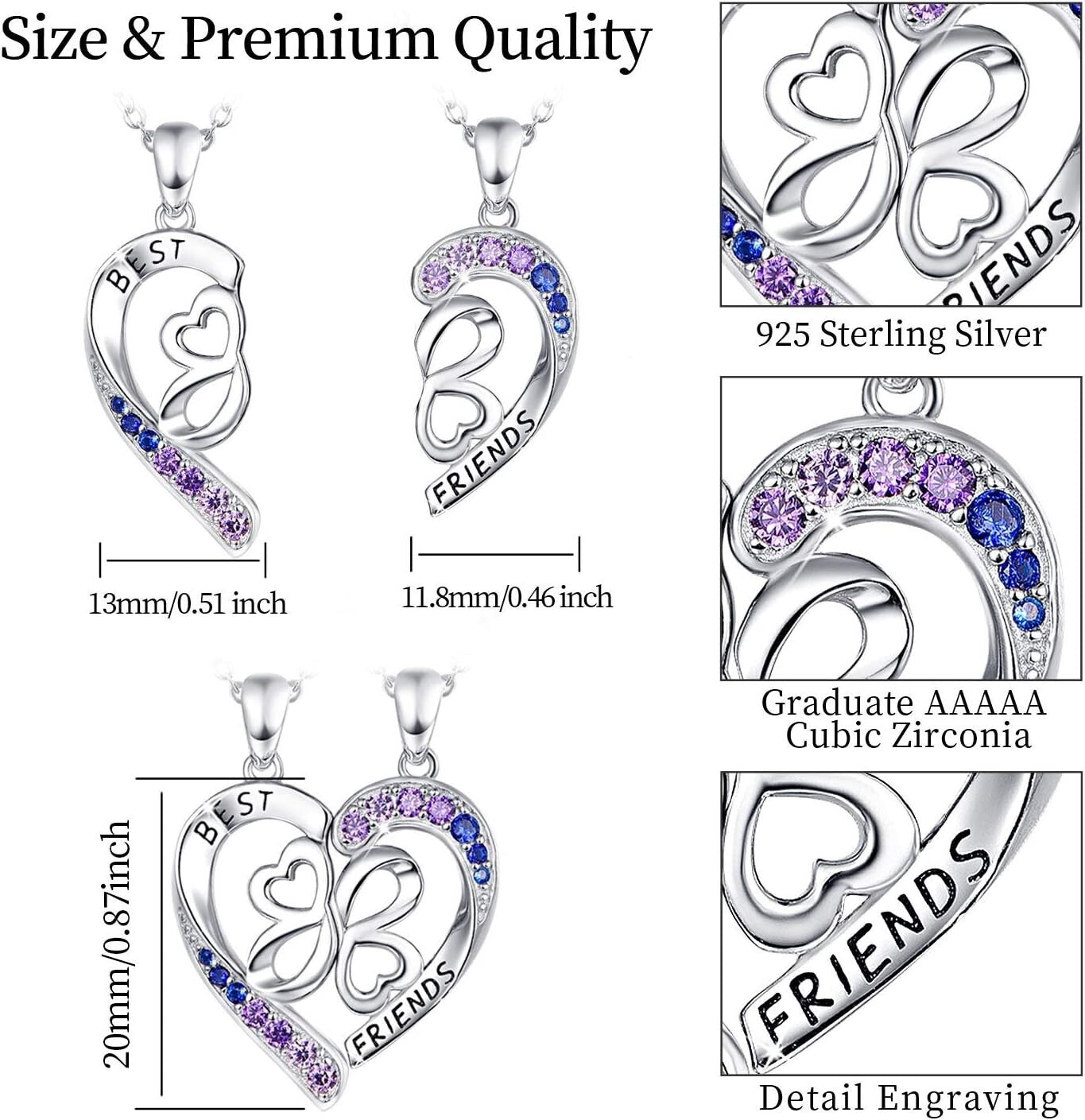 Charming Best Friend Necklaces in Sterling Silver with Heart and Gemstone Detail