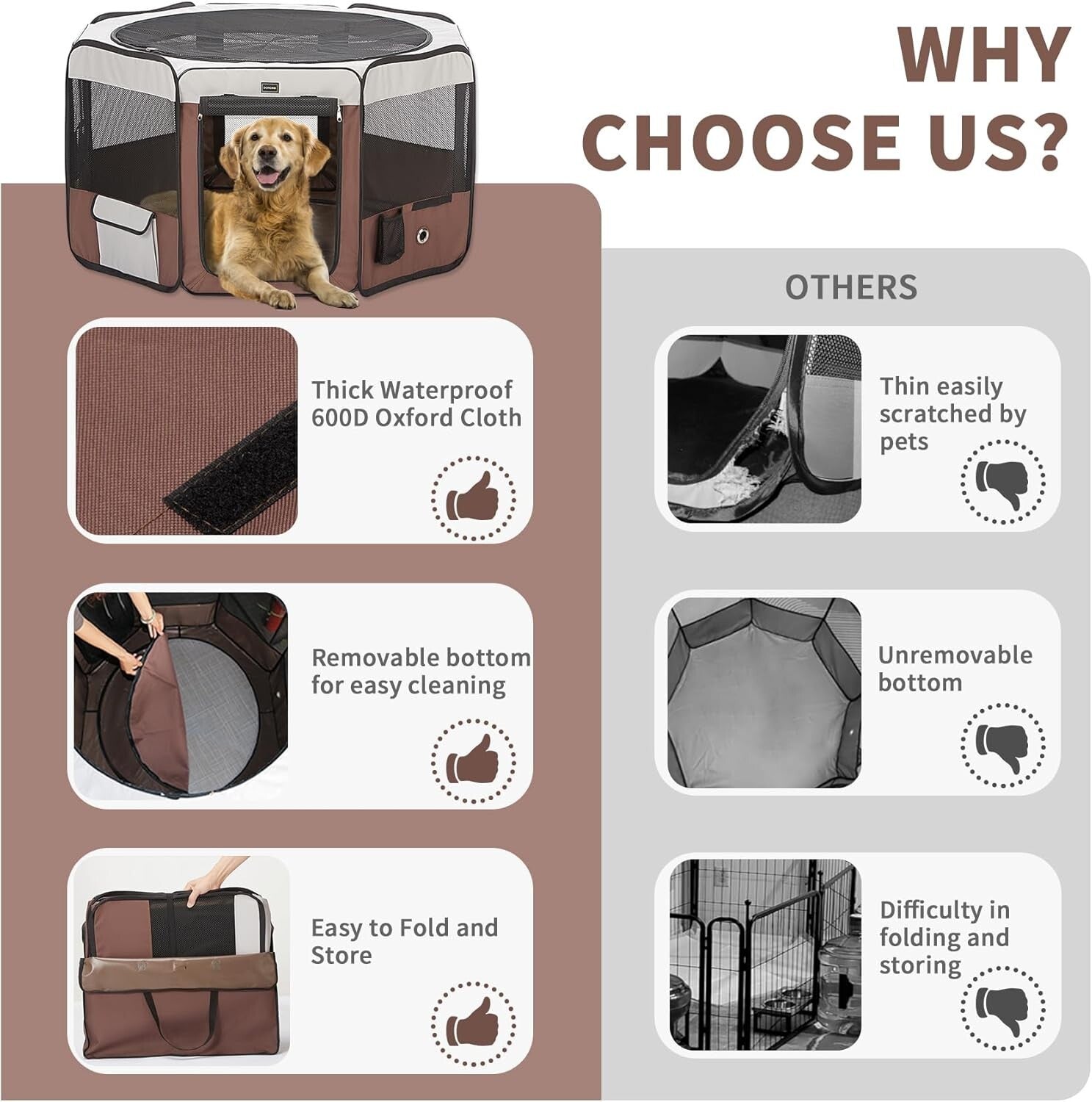 Lightweight Brown Pet Playpen for Small Dogs and Cats - 8 Panel, Removable Top