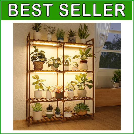 Carbonized Wood Indoor Plant Shelf with Built-In Grow Lights – 16 Plant Holder