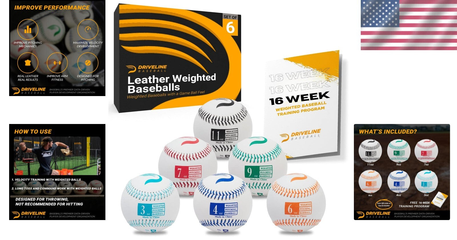 6-Piece Real Leather Weighted Pitching Balls Set with 16-Week Training Program