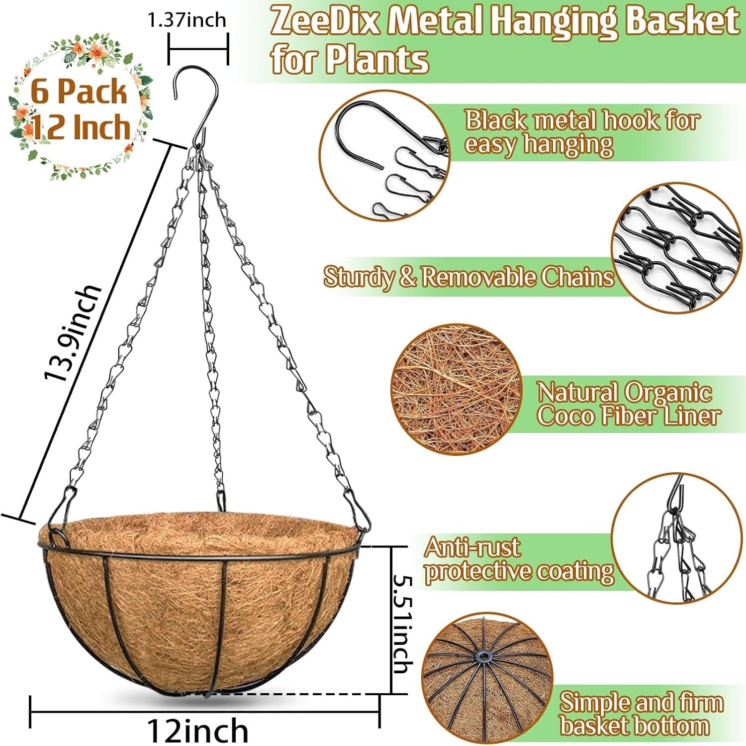 6 Pack 12" Metal Hanging Planter Baskets with Coco Liners for Vibrant Decor