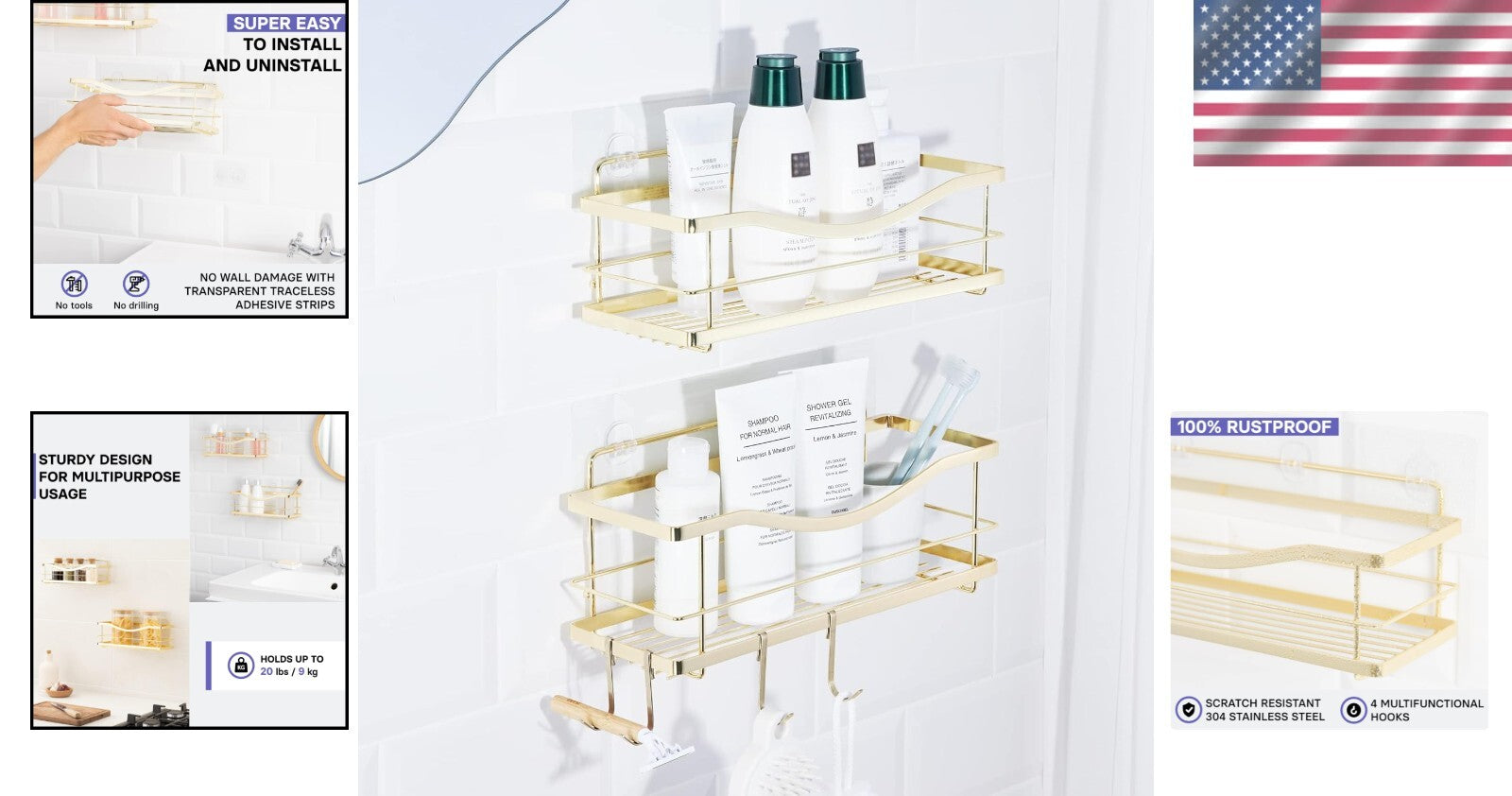 Elegant Gold Stainless Steel Shower Caddy - Self Adhesive Wall Mount Organizer