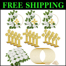 Load image into Gallery viewer, Complete Baptism Centerpiece Set: 12 Wooden Crosses, Floral Hoops &amp; Foam Roses