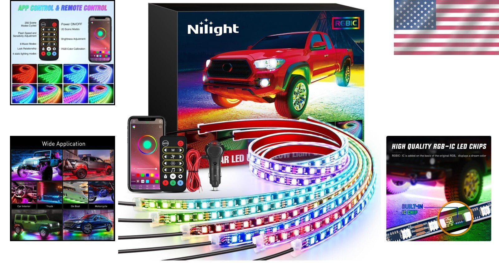 6Pcs Car Underglow LED Lights - RGB-IC Color Changing with Remote & APP Control