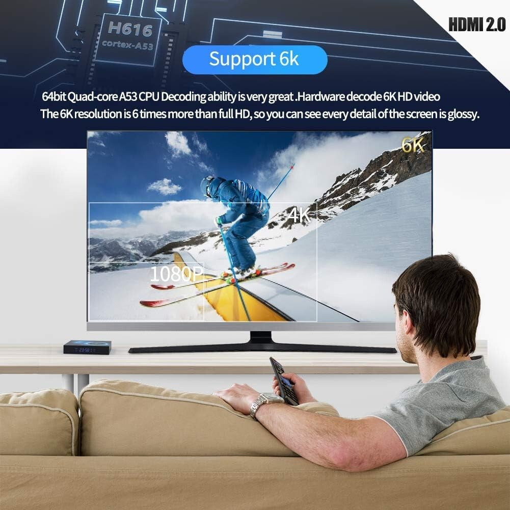 6K Streaming Android TV Box - Quad-Core, Bluetooth 5.0, Remote Control Included