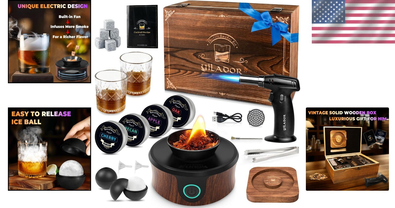 All-In-One Whiskey Smoker Kit with Premium Wooden Box and Cocktail Accessories