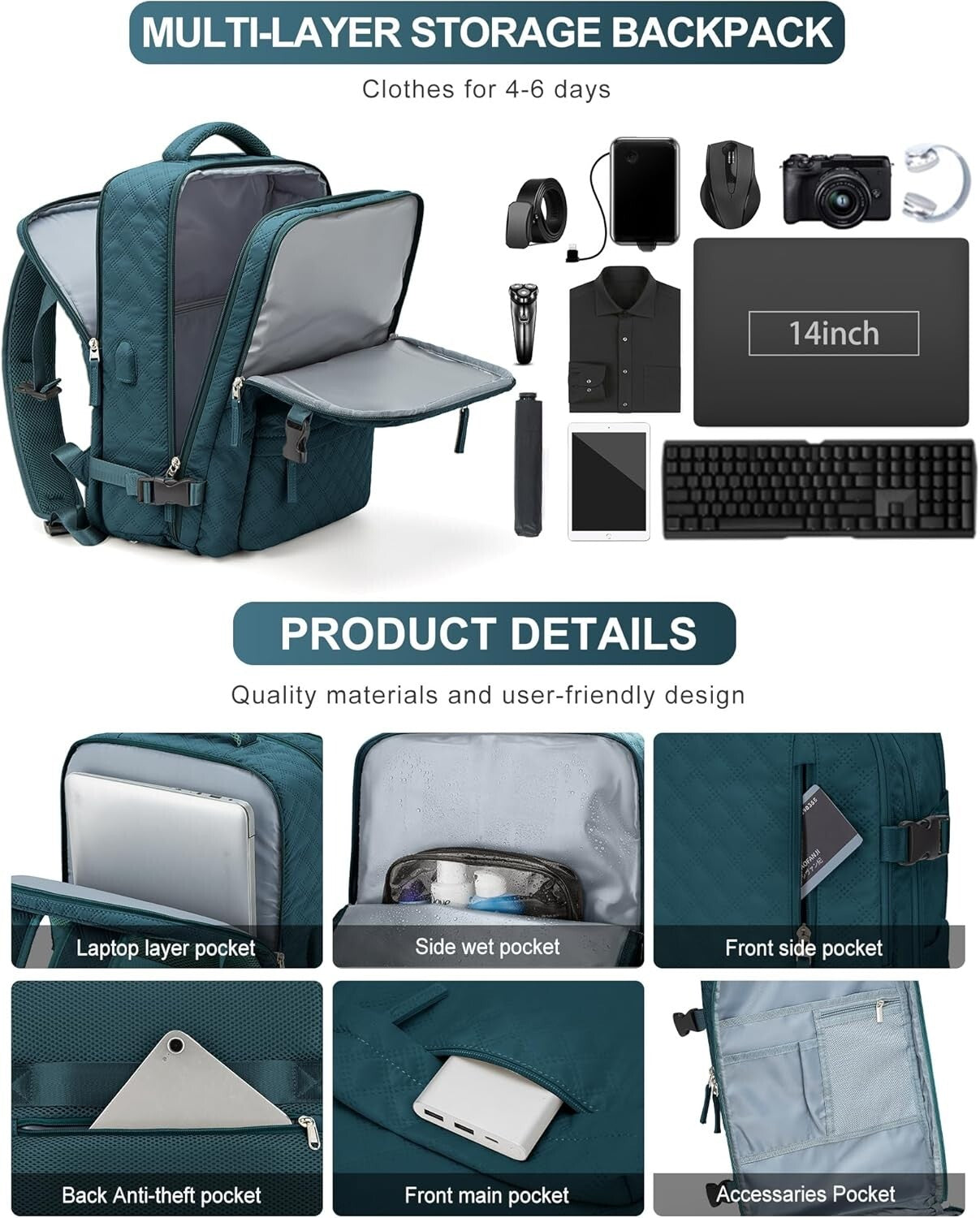 Multi-Compartment Peacock Blue Travel Backpack for Laptop and Gym Essentials