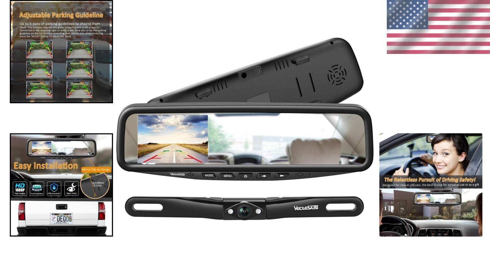 1080P Waterproof Car Backup Camera with 4.3" In-Mirror Monitor Clip-On Design