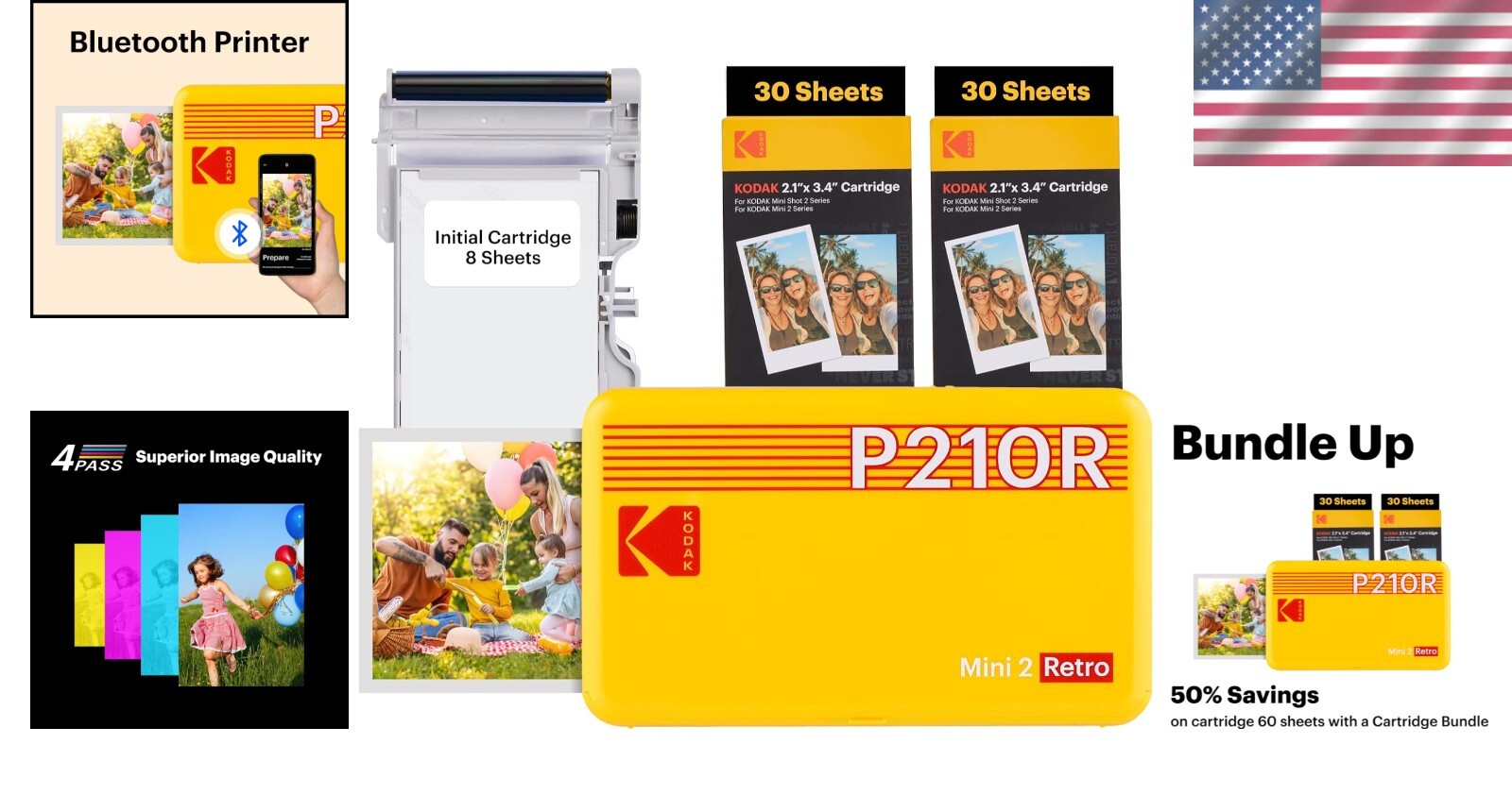 Compact Bluetooth Photo Printer - 4PASS Technology & 68 Sheets Bundle in Yellow