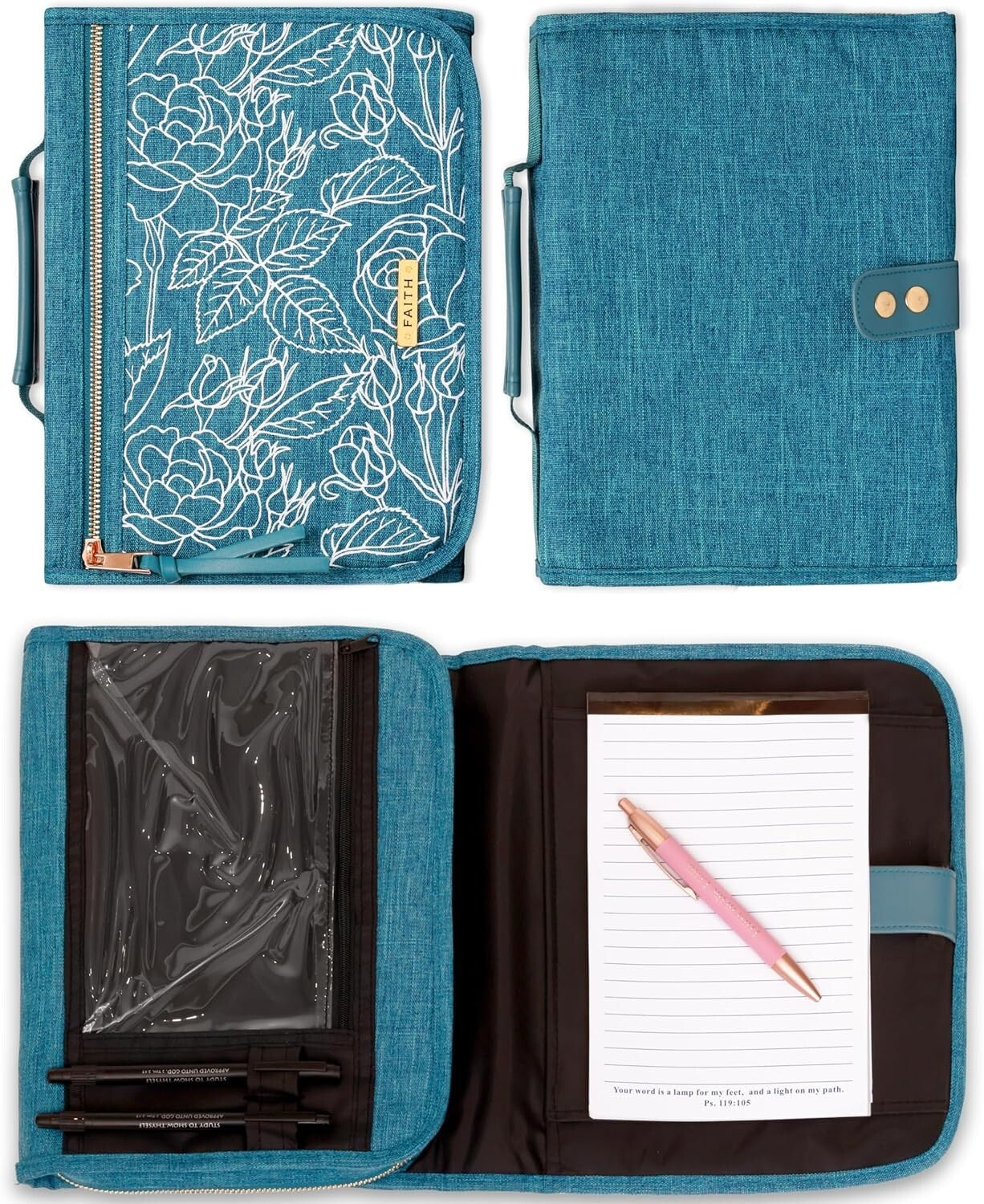 Protective Teal Floral Bible Cover with Zipper and Notepad for Organized Faith