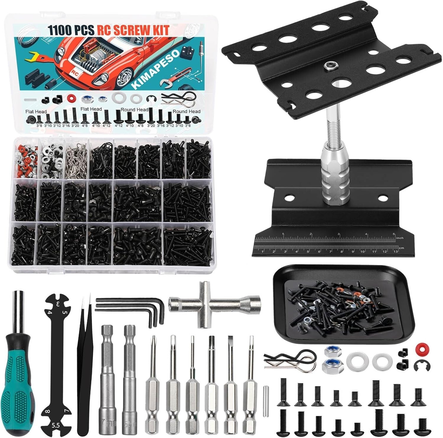 Efficient RC Car Repair Toolkit: Work Stand, 1100 Screws & 6 Tools Included