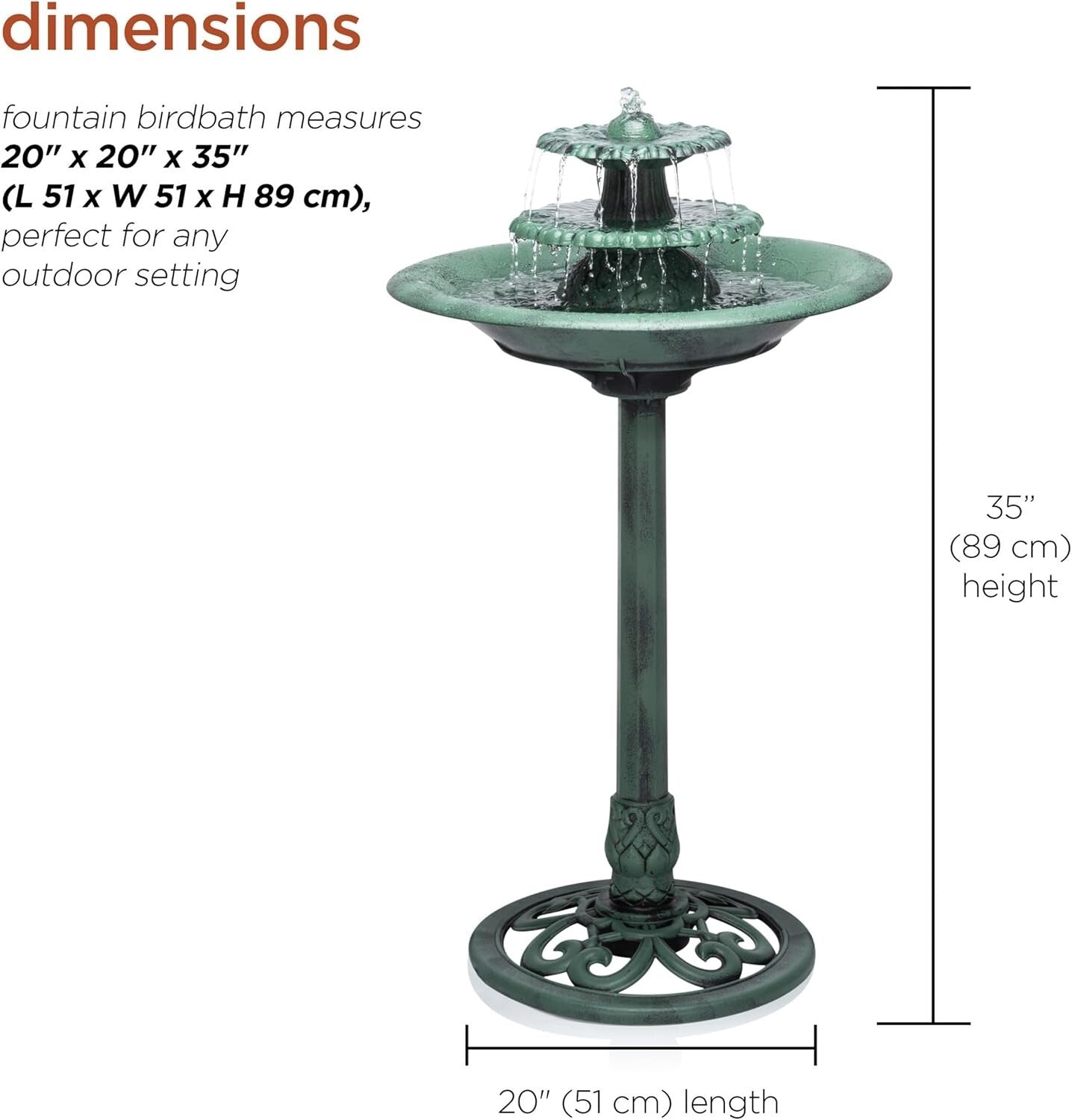 Elegant 3-Tier Pedestal Water Fountain & Birdbath, 35" Green Outdoor Feature