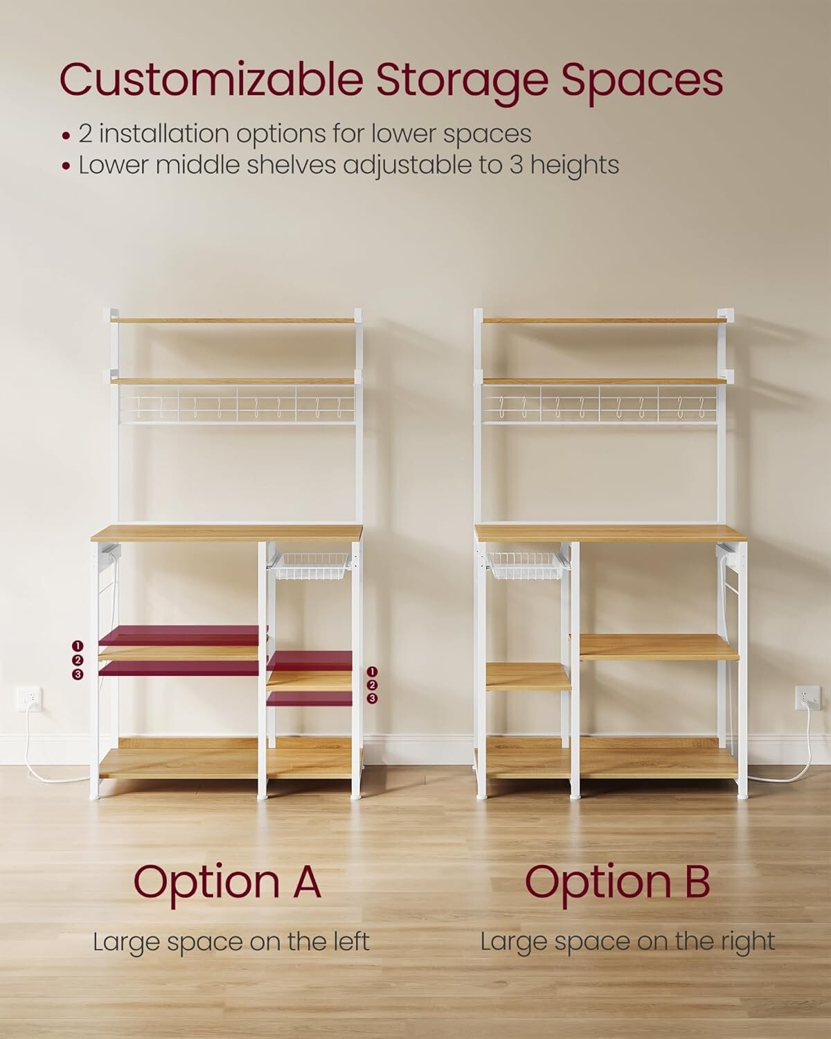 Space-Saving Kitchen Storage Rack with 4 Power Outlets & Adjustable Design