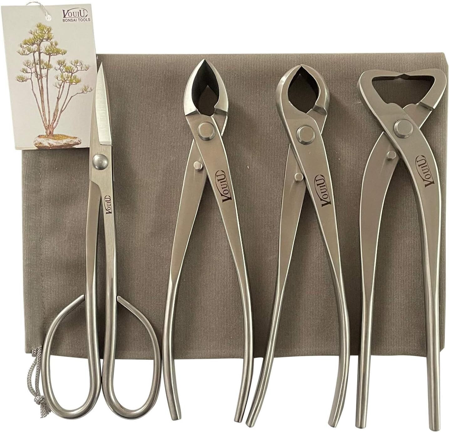 4-Piece Stainless Steel Bonsai Tool Set - Concave Cutter & Scissors Included