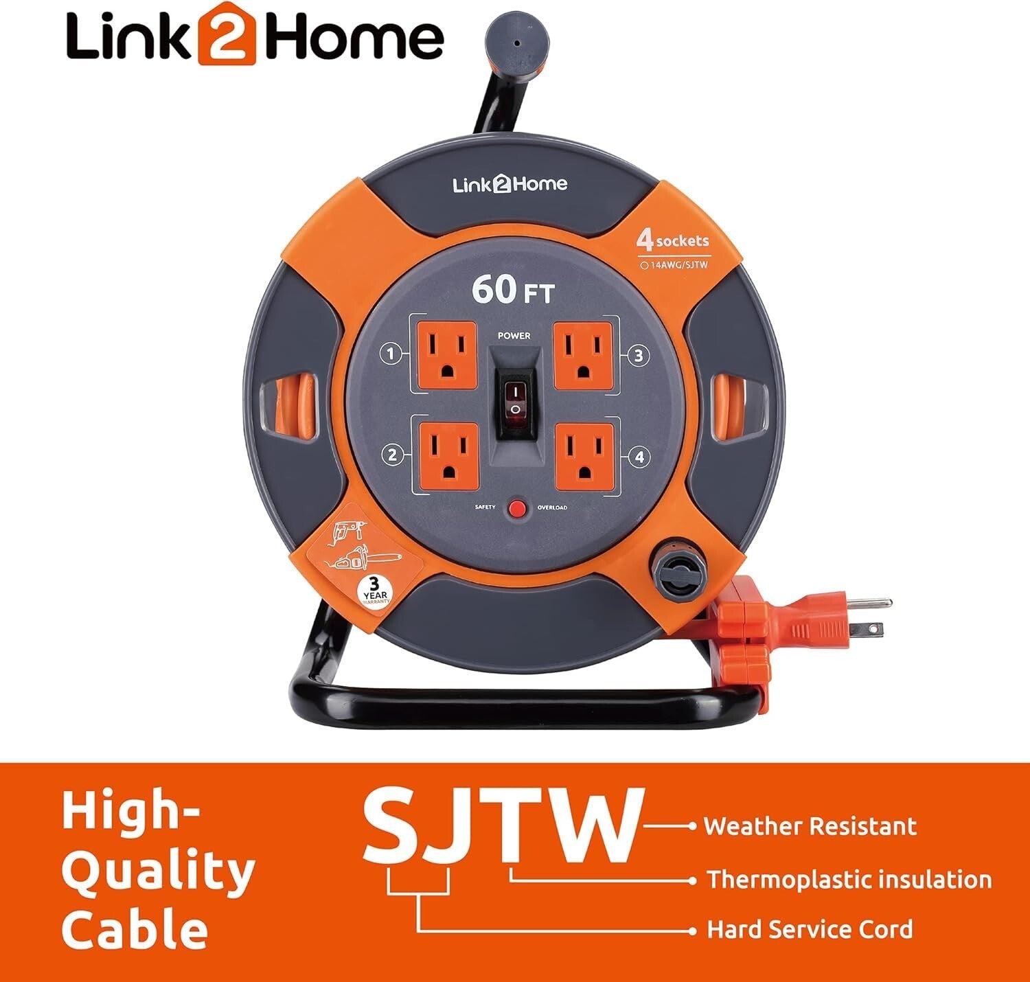 60 Ft High Visibility Extension Cord Reel - 4 Outlets & Tangle-Free Management